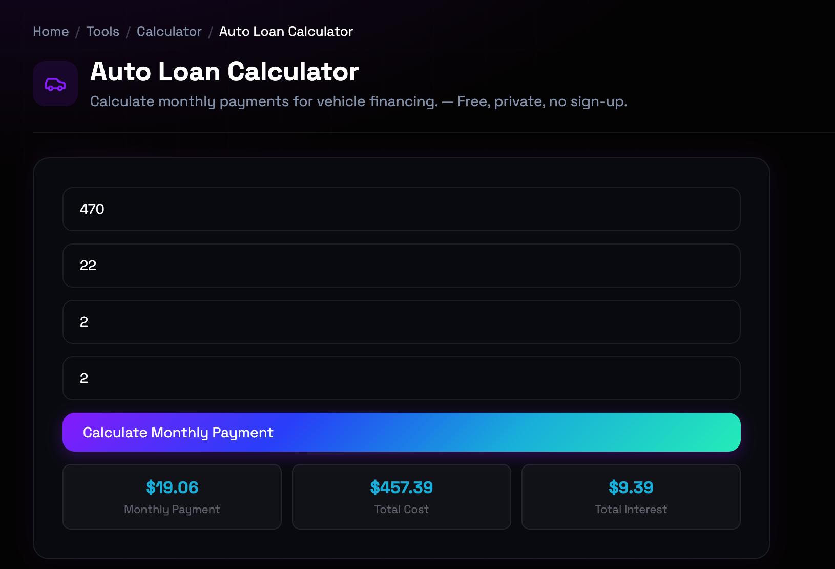 How to use Auto Loan Calculator online — free, fast, and private